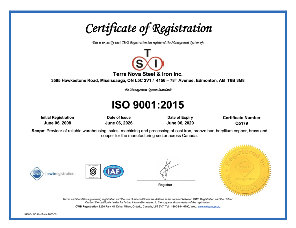 Terra Nova Steel & Iron Inc ISO 9001 Certificate 2026