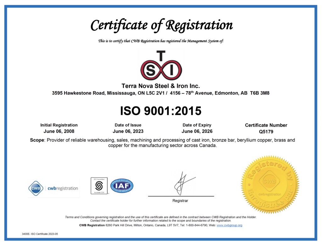 TSI, Terra Nova Steel & Iron Inc. ISO 9001:2015 Certificate.