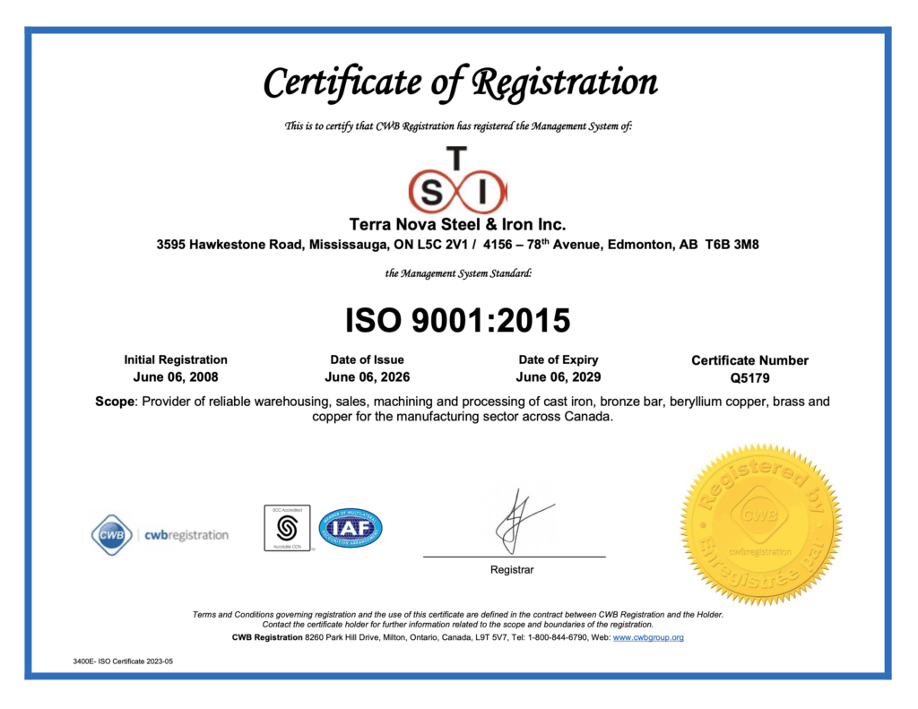 Terra Nova Steel & Iron Inc ISO 9001 Certificate 2026